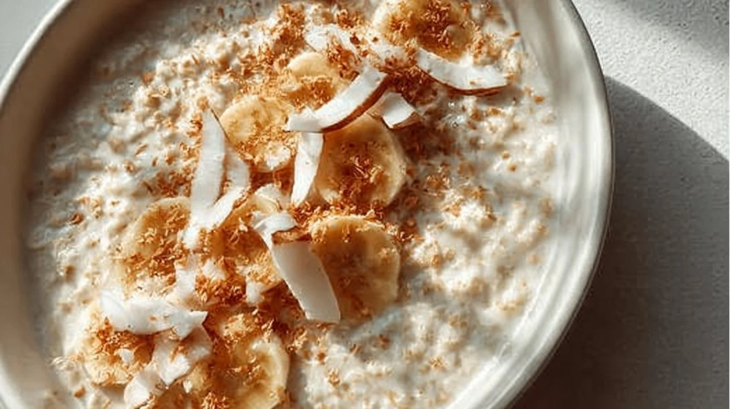 Bowl of tasty coconut cream oats topped with fresh fruits and nuts