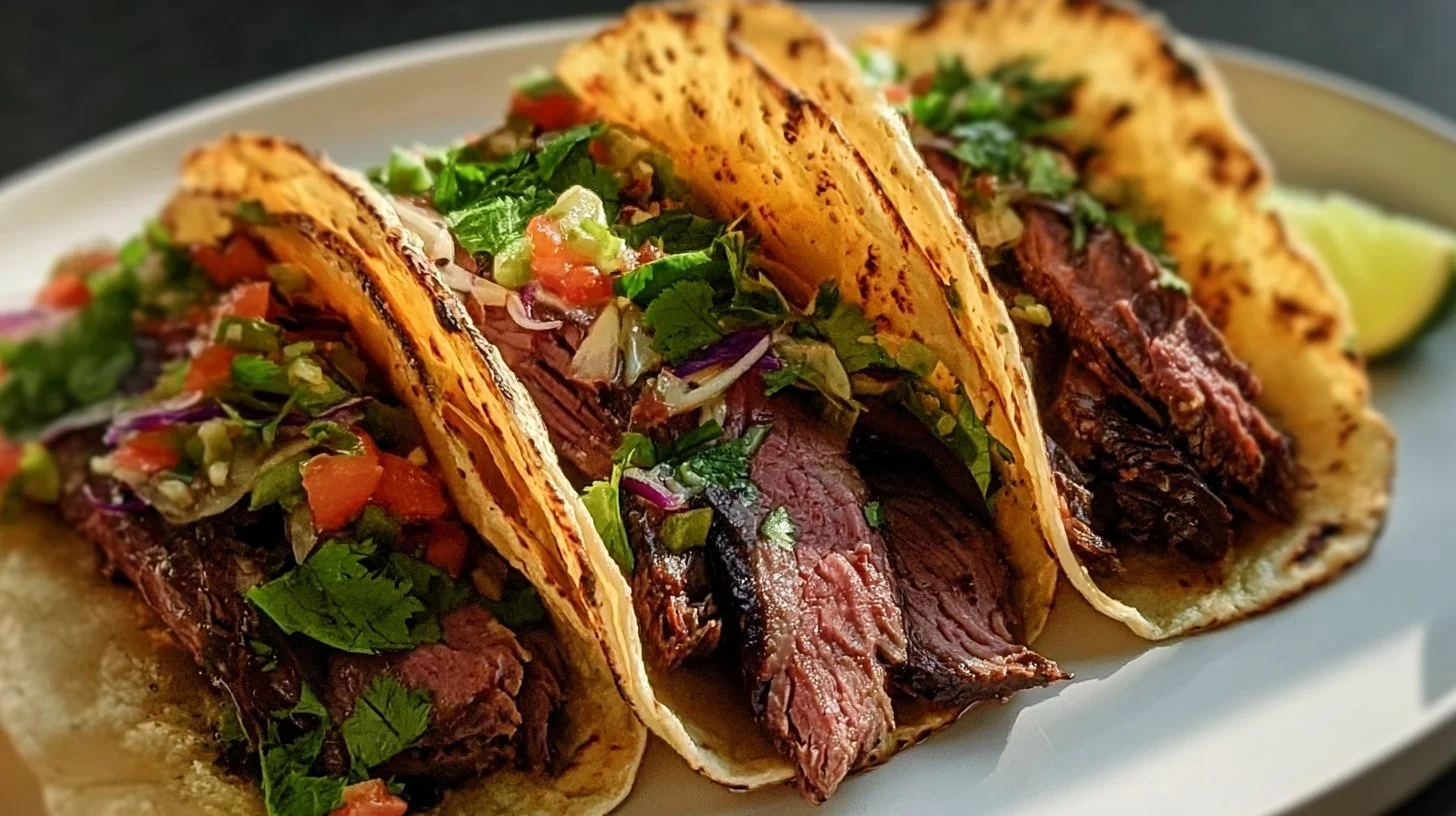 Delicious prime rib tacos served with fresh toppings