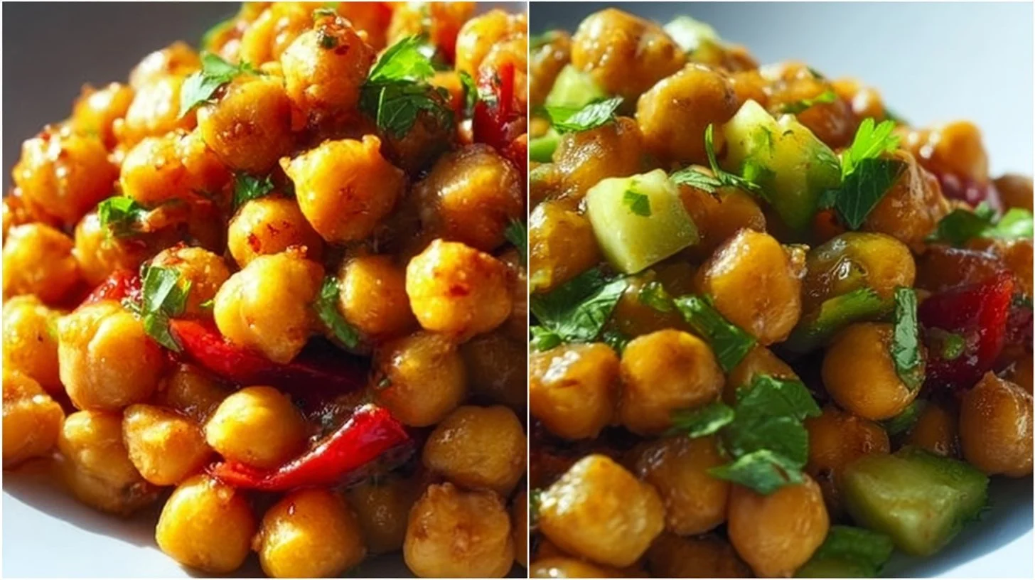 Vegan Ceviche Style Chickpeas served in a bowl with fresh herbs and lime.