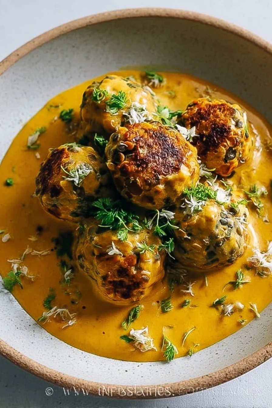 Vegan Lentil Dumplings in Curry Sauce