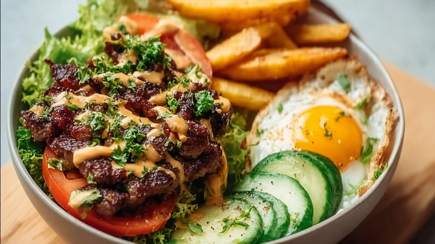 Whole 30 burger bowl with fresh veggies and toppings in a vibrant bowl