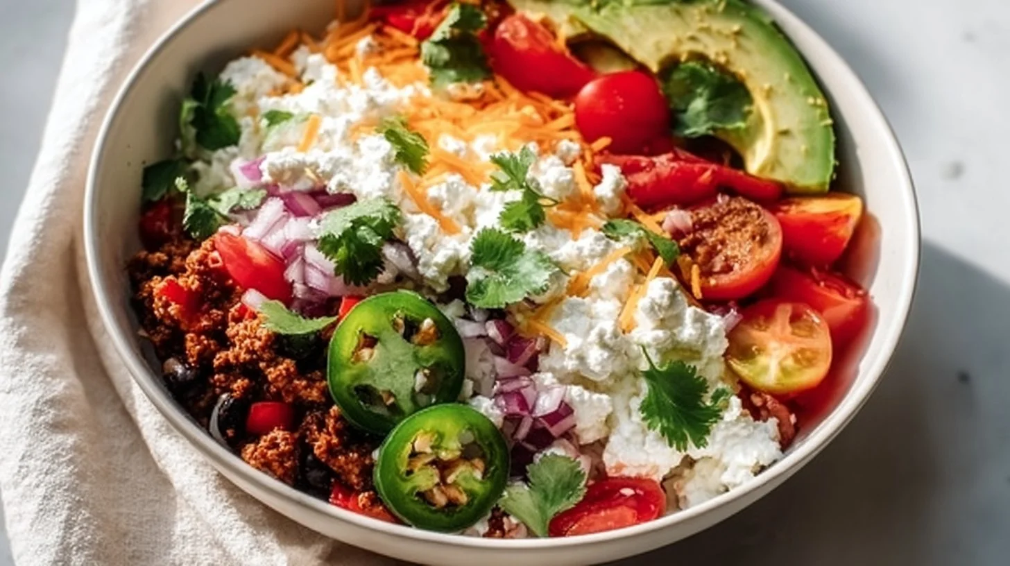 5-Minute Cottage Cheese Taco Bowl topped with fresh ingredients