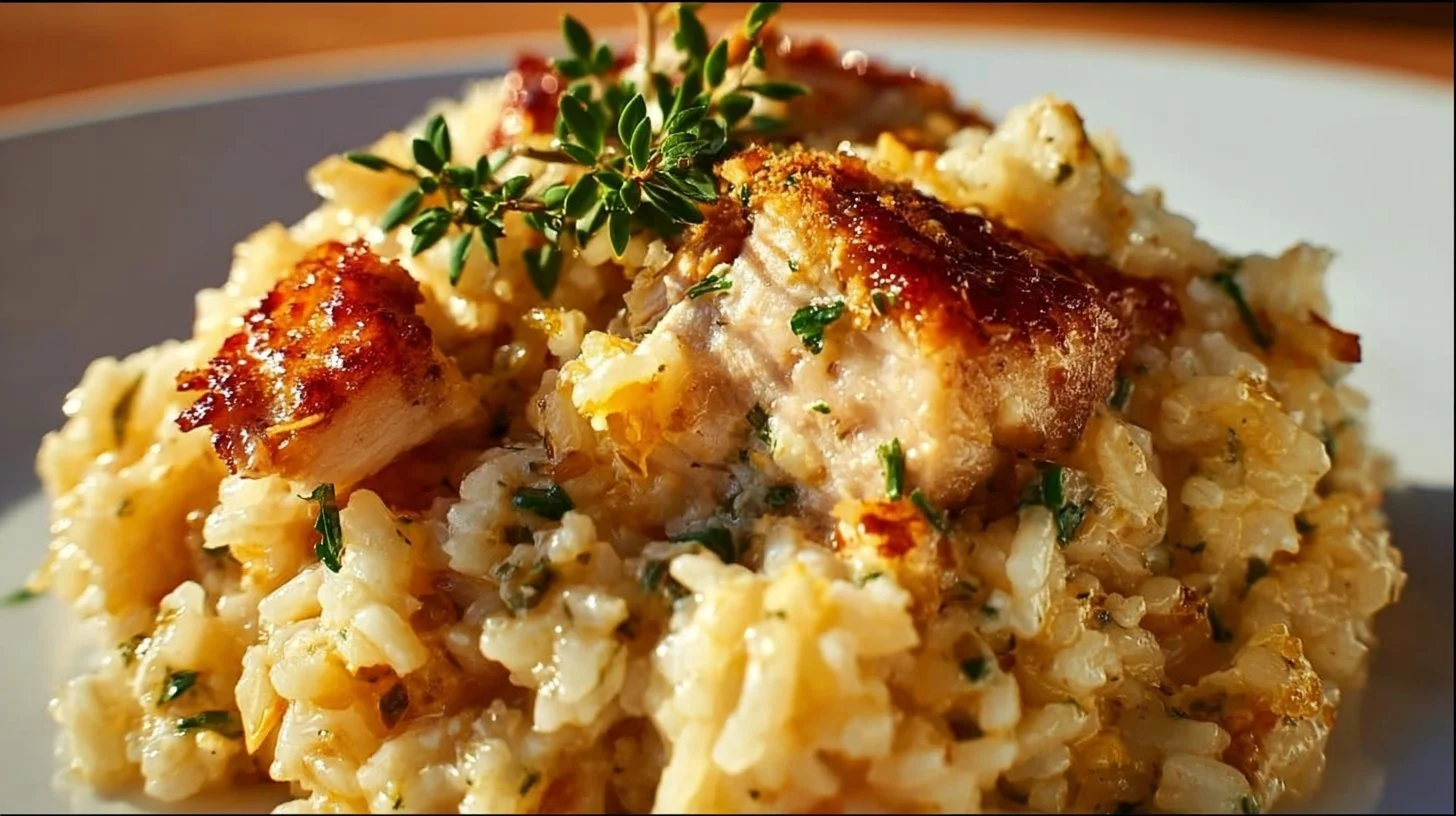 A delicious serving of Angel Chicken and Rice Casserole, warm and inviting.