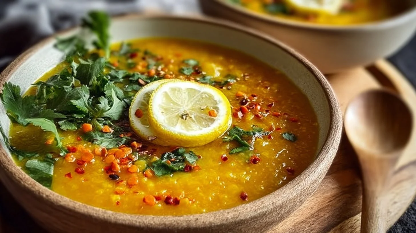 Bowl of Anti-Inflammatory Golden Lemon Lentil Soup garnished with herbs