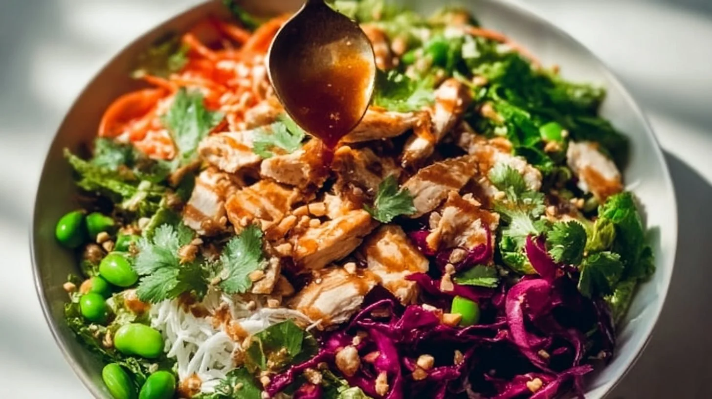 Asian Chicken Crunch Salad topped with fresh vegetables and sesame dressing