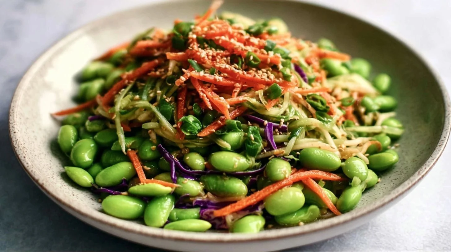 Bowl of Asian Crunch Edamame Salad with colorful vegetables and sesame dressing
