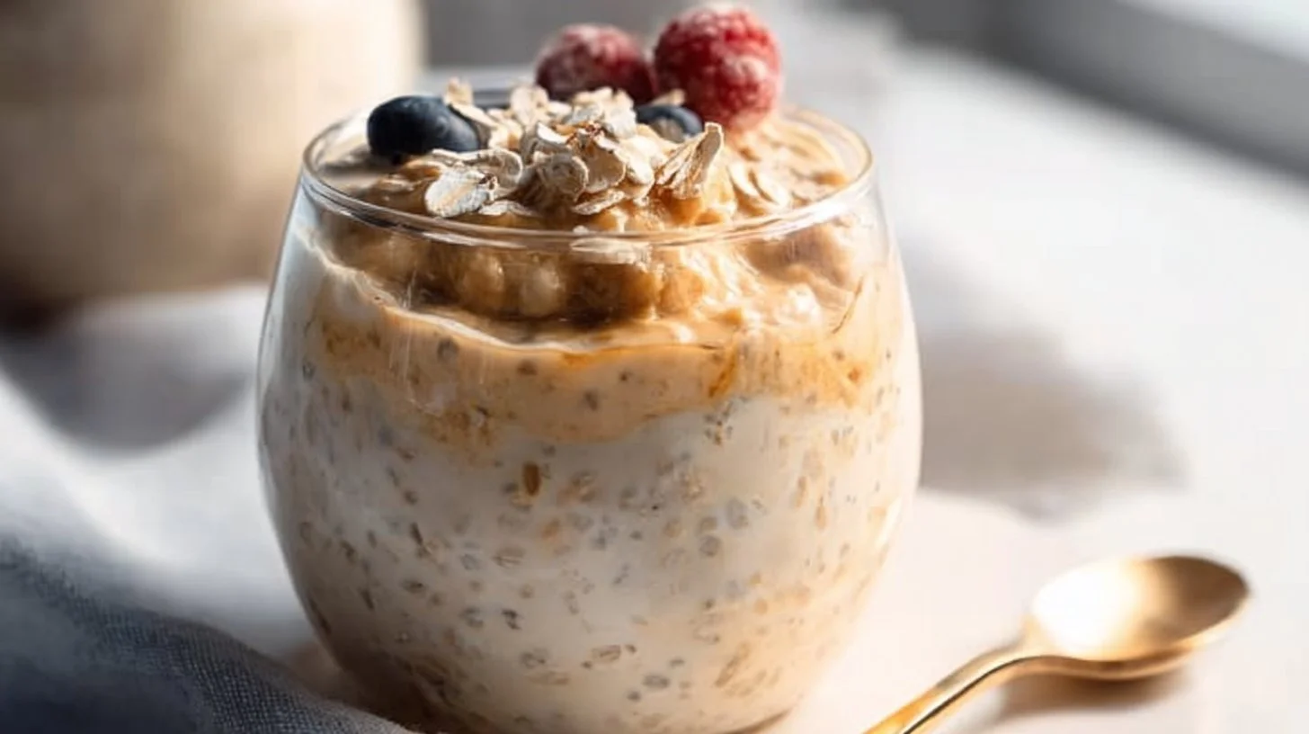 Bowl of colorful berry overnight oats topped with fresh strawberries and blueberries