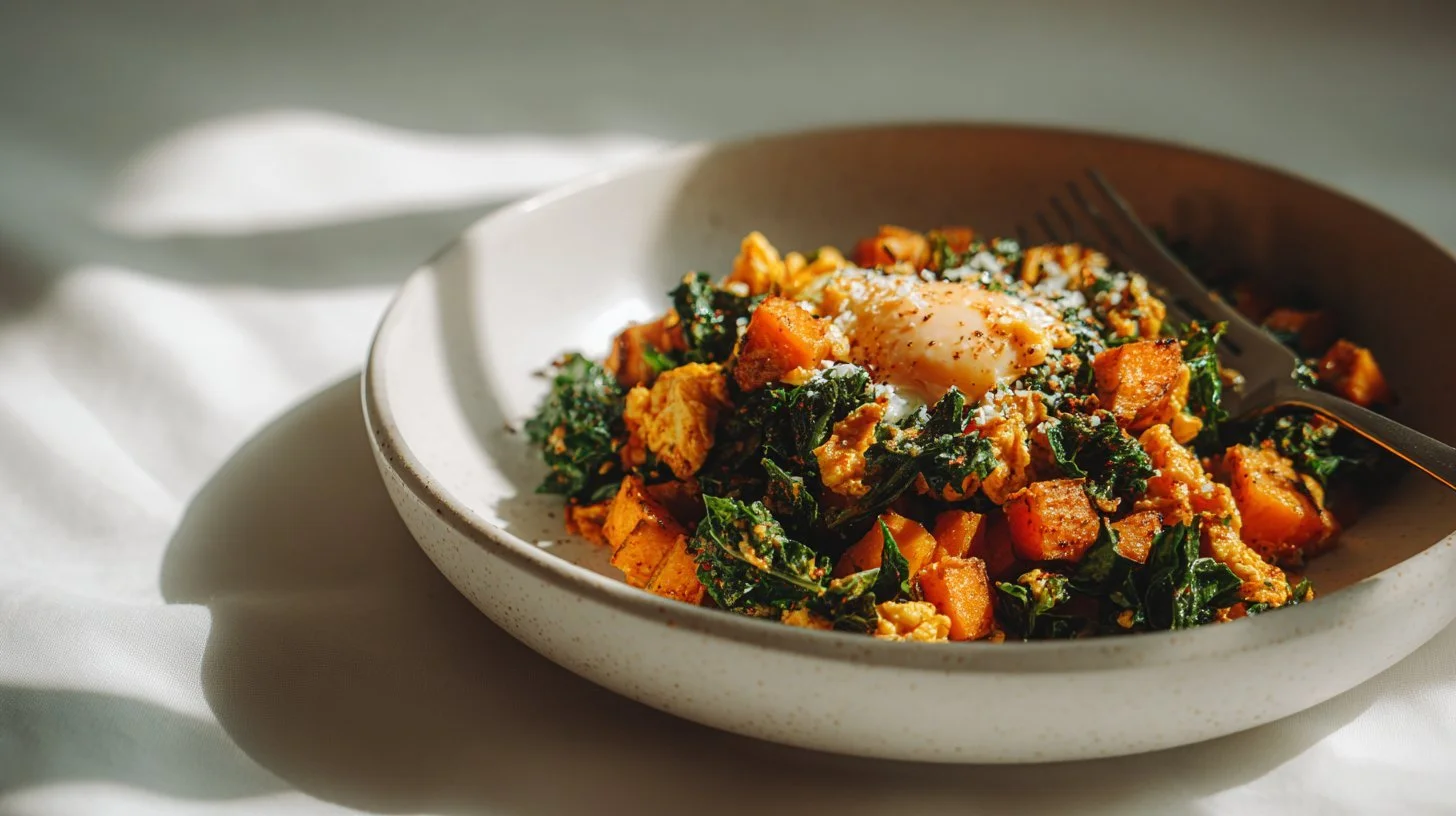 Breakfast sweet potato scramble with eggs and vegetables in a bowl