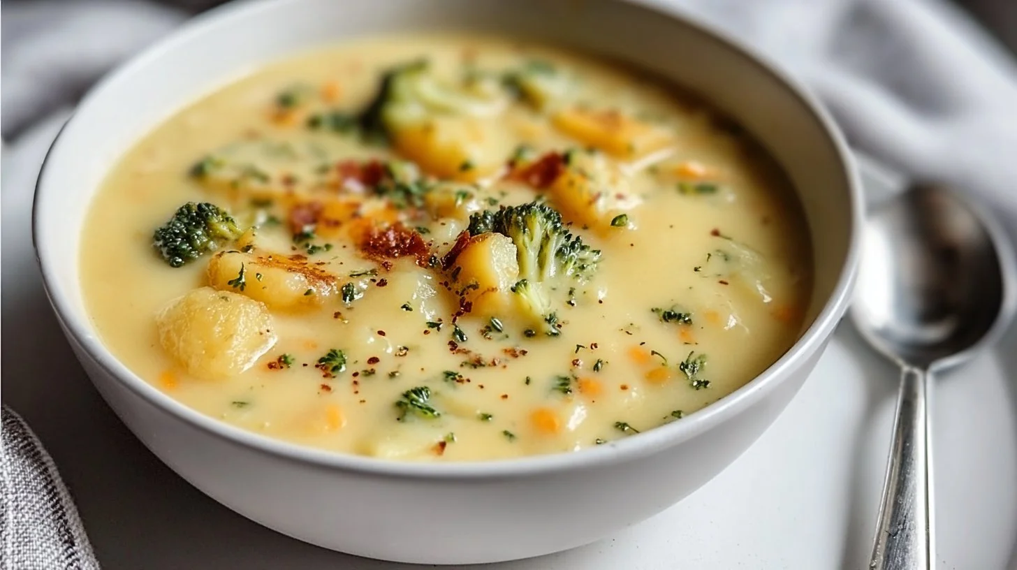 Bowl of creamy broccoli potato cheese soup garnished with fresh herbs