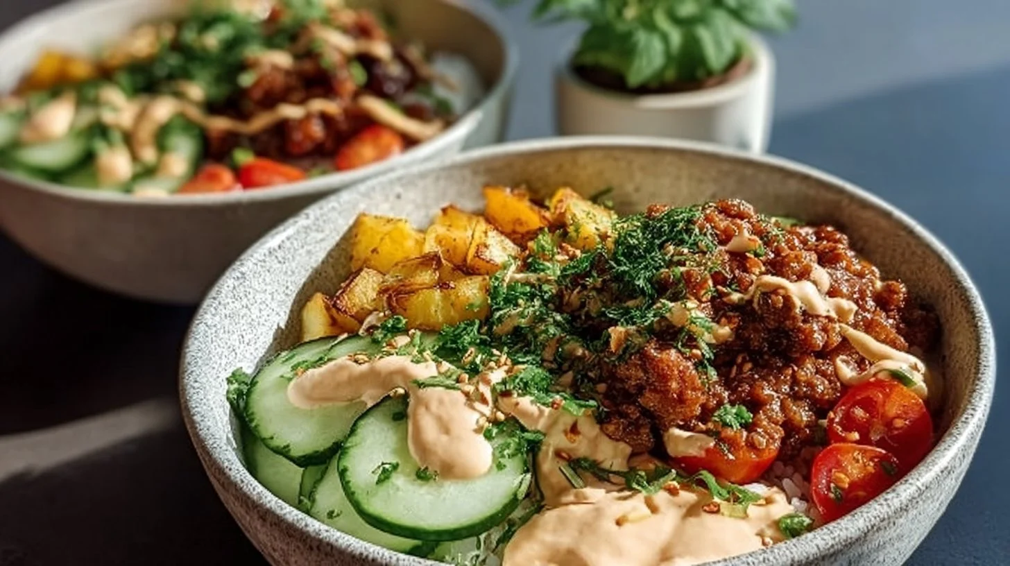 A colorful burger bowl topped with fresh vegetables and sauces