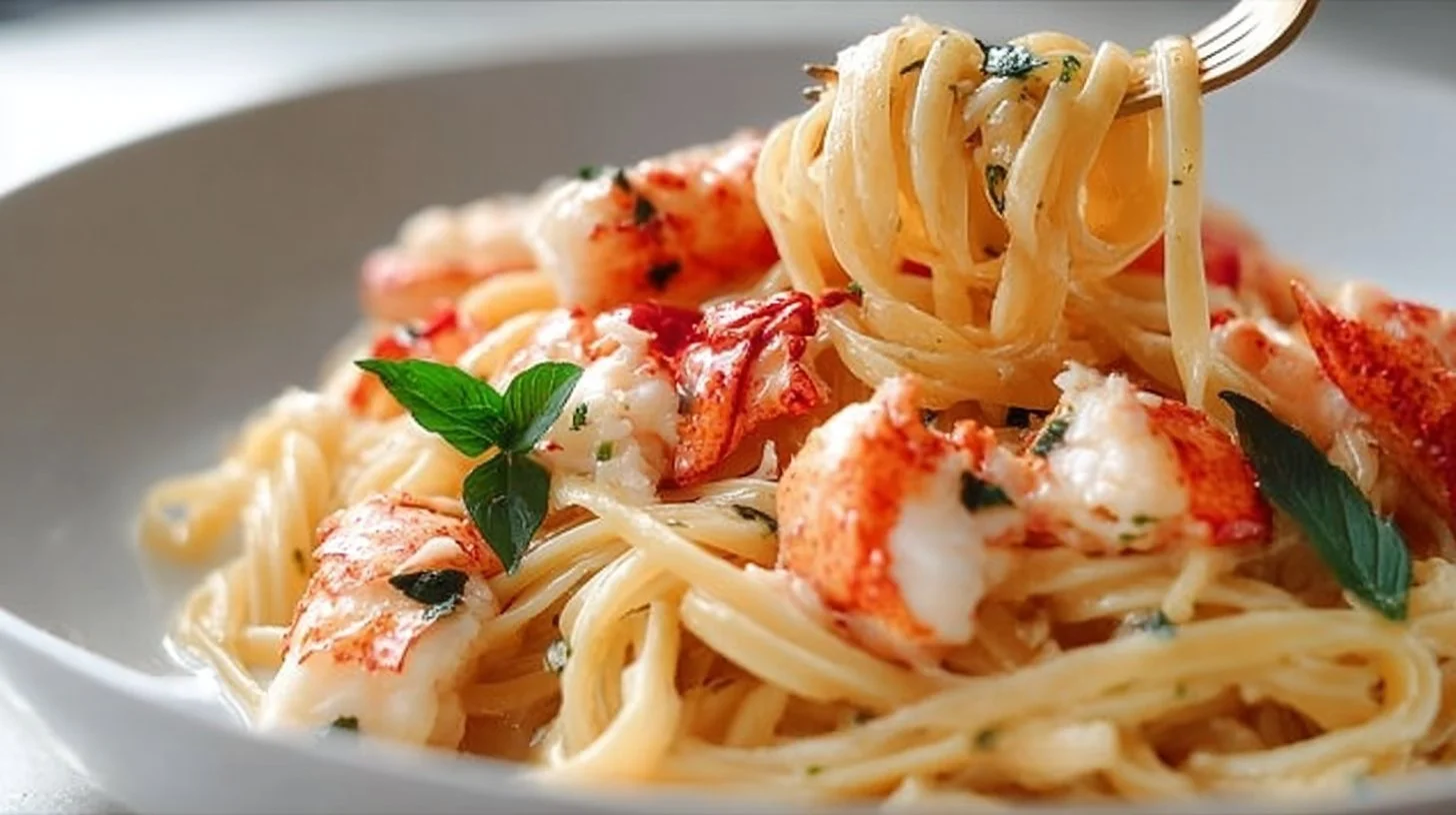 Delicious buttered lobster pasta garnished with herbs and served in a bowl.