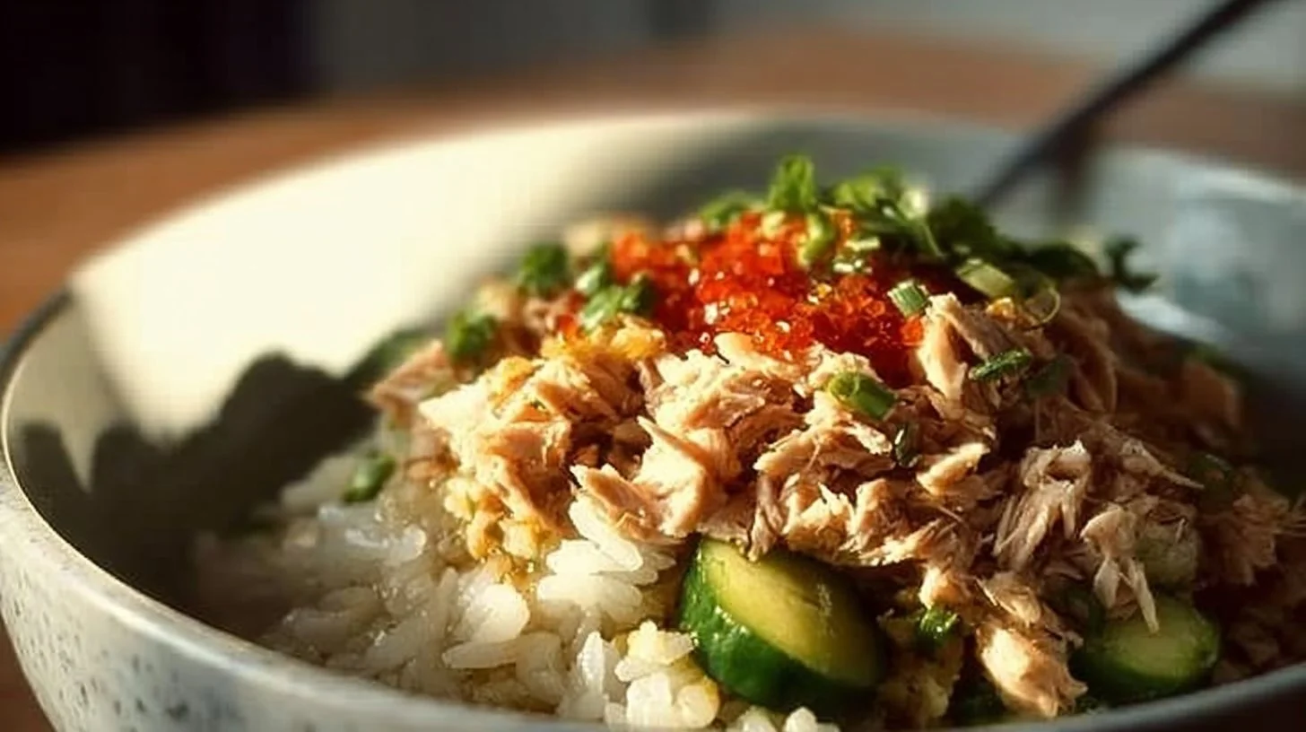 Canned tuna rice bowl topped with fresh vegetables and sauce