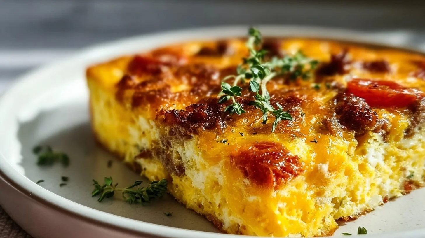 Carnivore diet breakfast casserole with eggs, meats, and cheese in a baking dish.