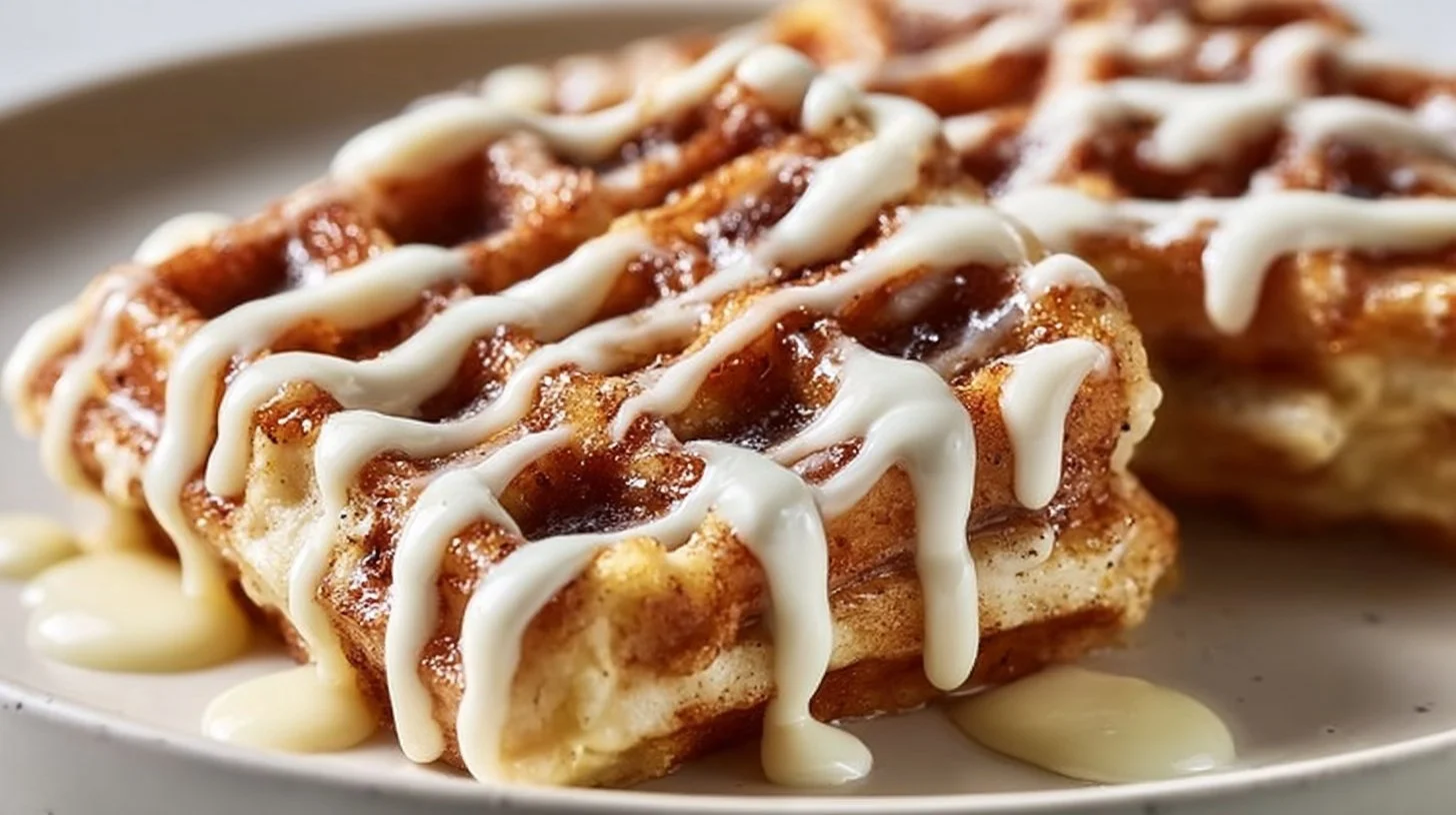 Cinnamon roll waffles topped with cream cheese drizzle for a sweet breakfast
