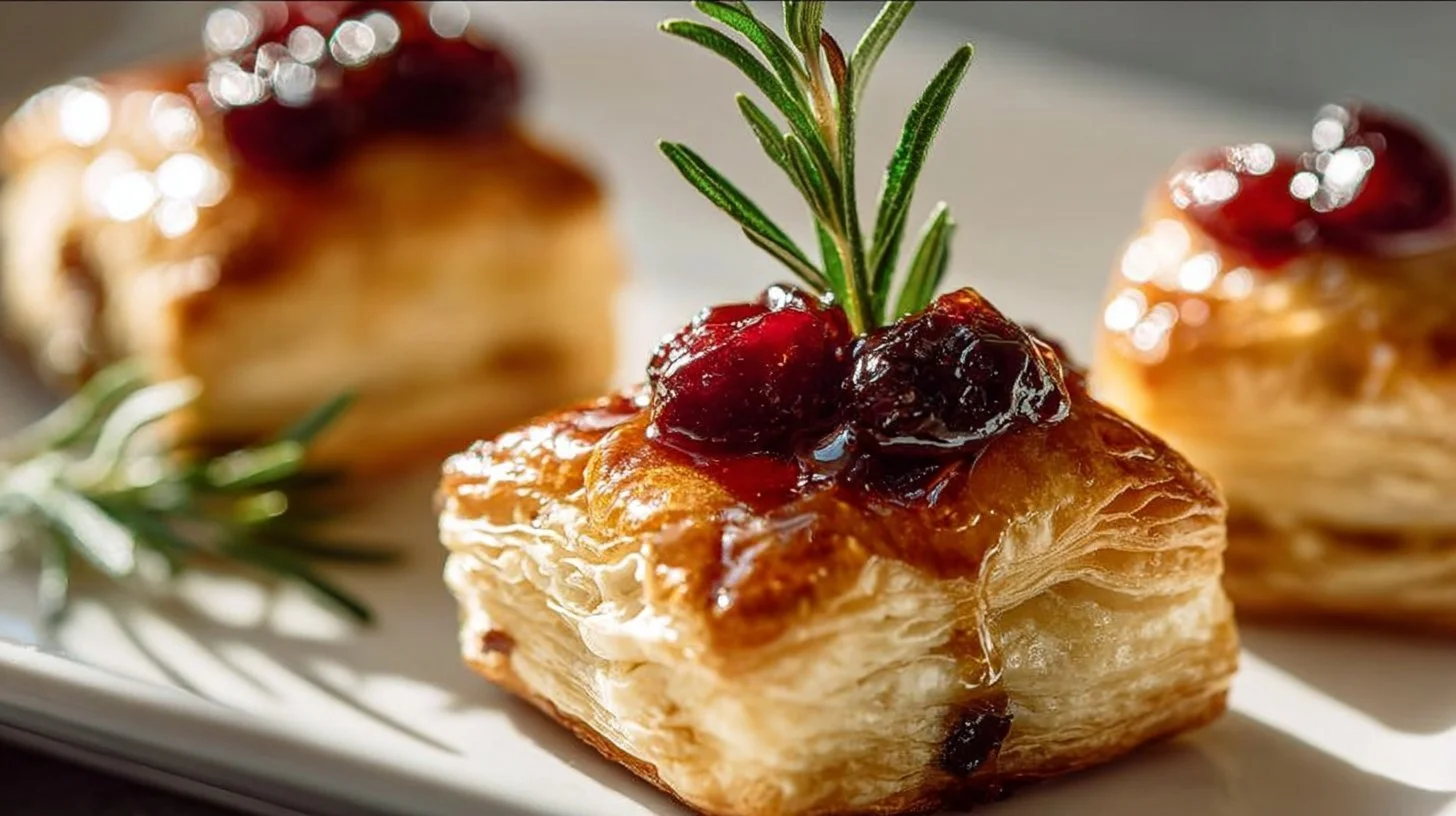 Cranberry Brie Bites with puff pastry and rosemary honey drizzle