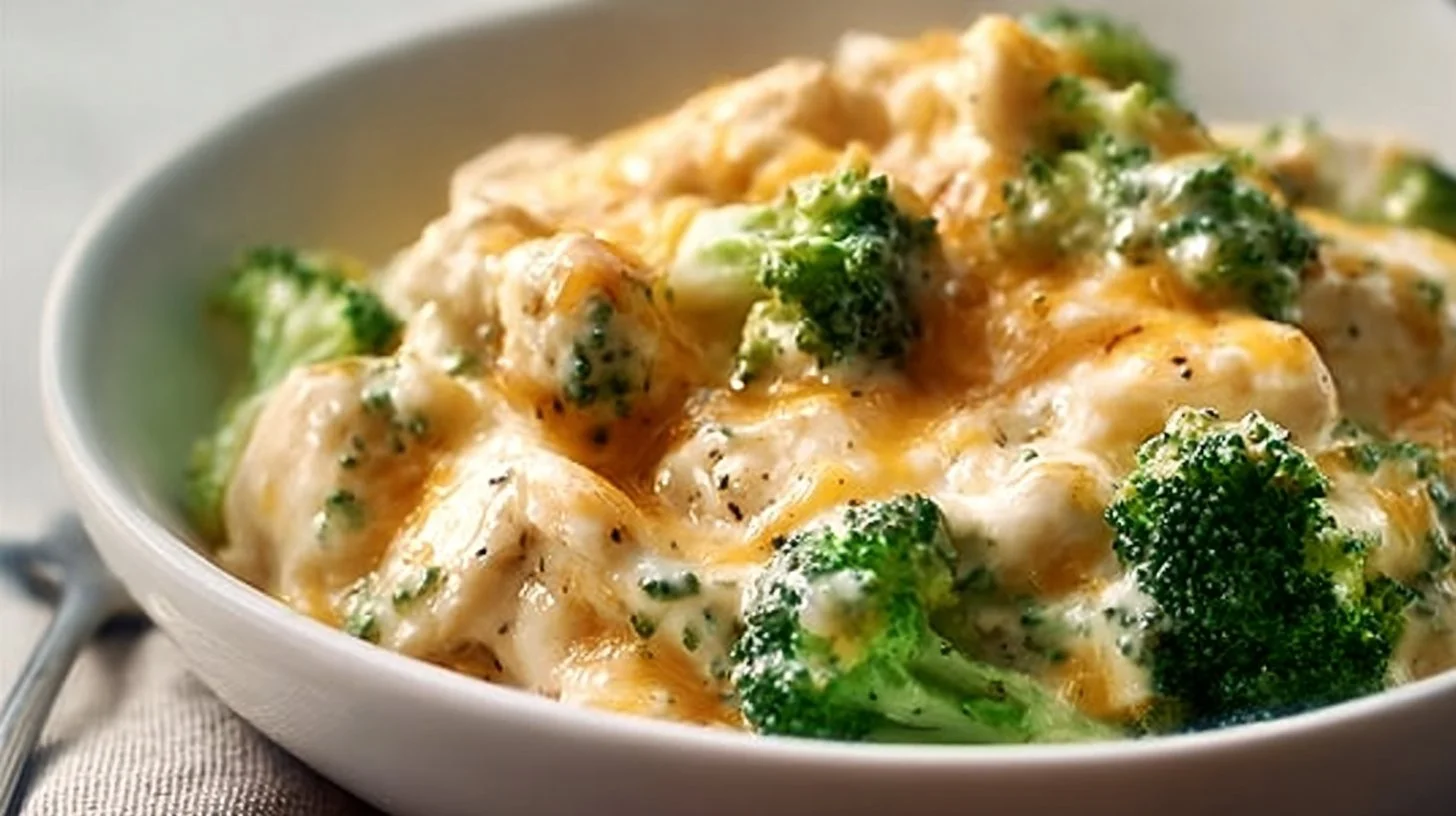Creamy cheesy chicken and broccoli in a crockpot for a delicious meal
