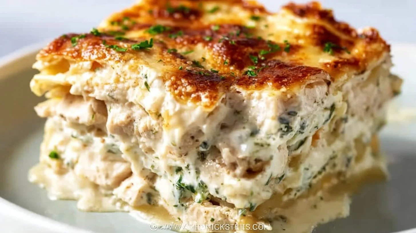Delicious creamy chicken alfredo lasagna ready to be served