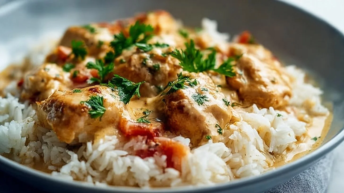 Creamy chicken and mushroom rice dish served in a bowl, garnished for presentation.