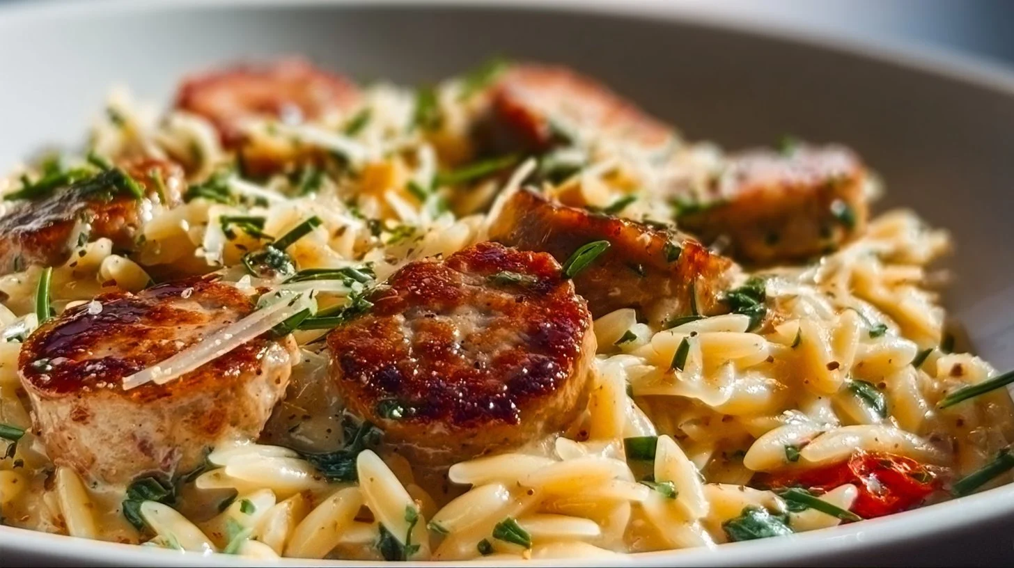 Creamy chicken sausage orzo dish garnished with herbs