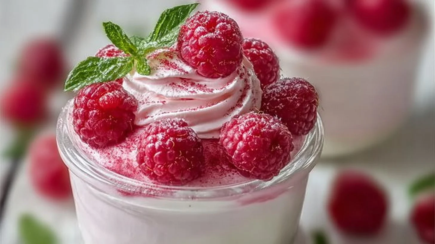 Creamy Cottage Cheese Raspberry Mousse topped with fresh raspberries