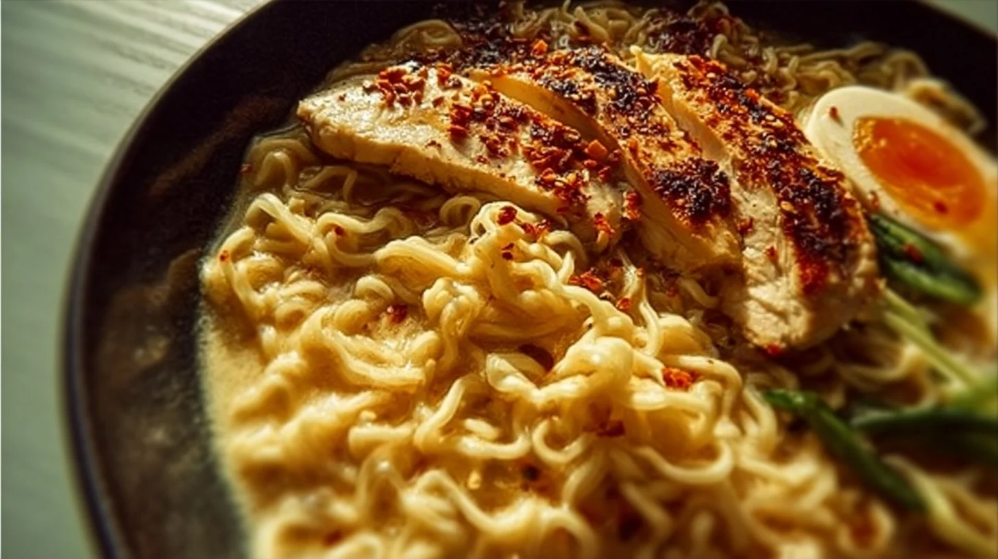 Creamy Garlic Chicken Ramen bowl with fresh ingredients and broth