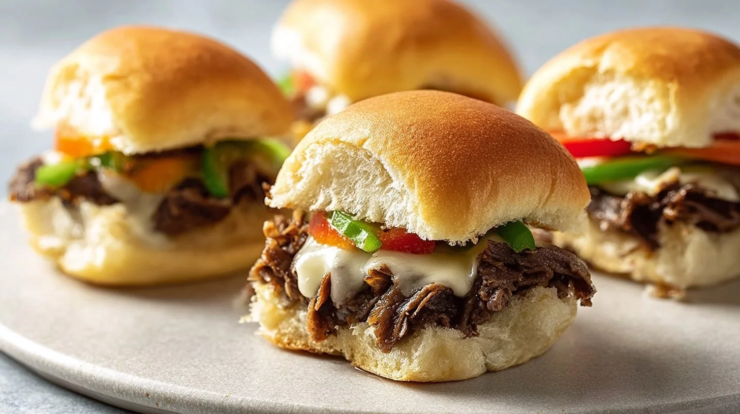 Creamy mini cheesesteak sliders served on a platter for a party snack.