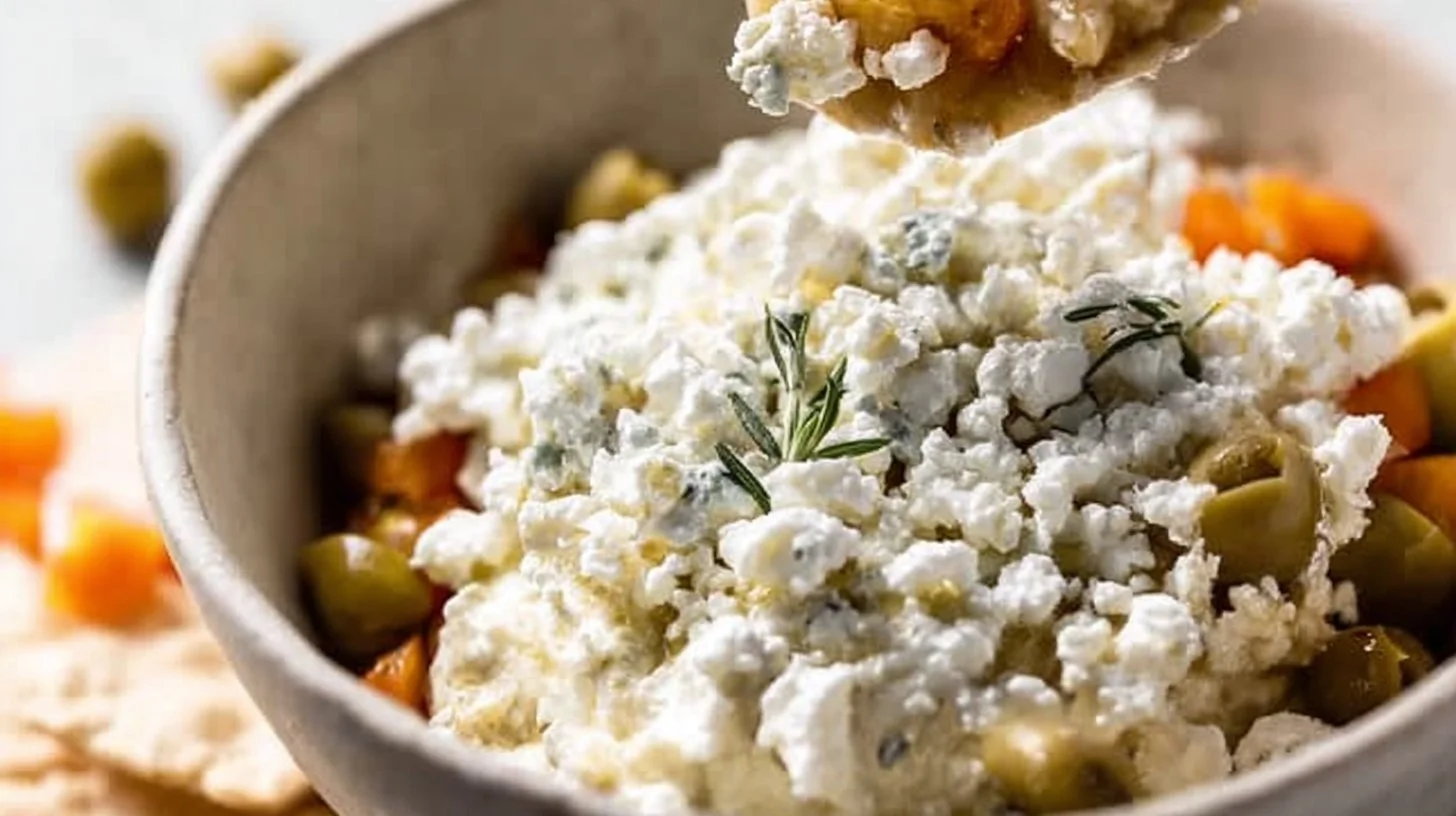 Creamy olive dip in a bowl served with crackers and vegetables