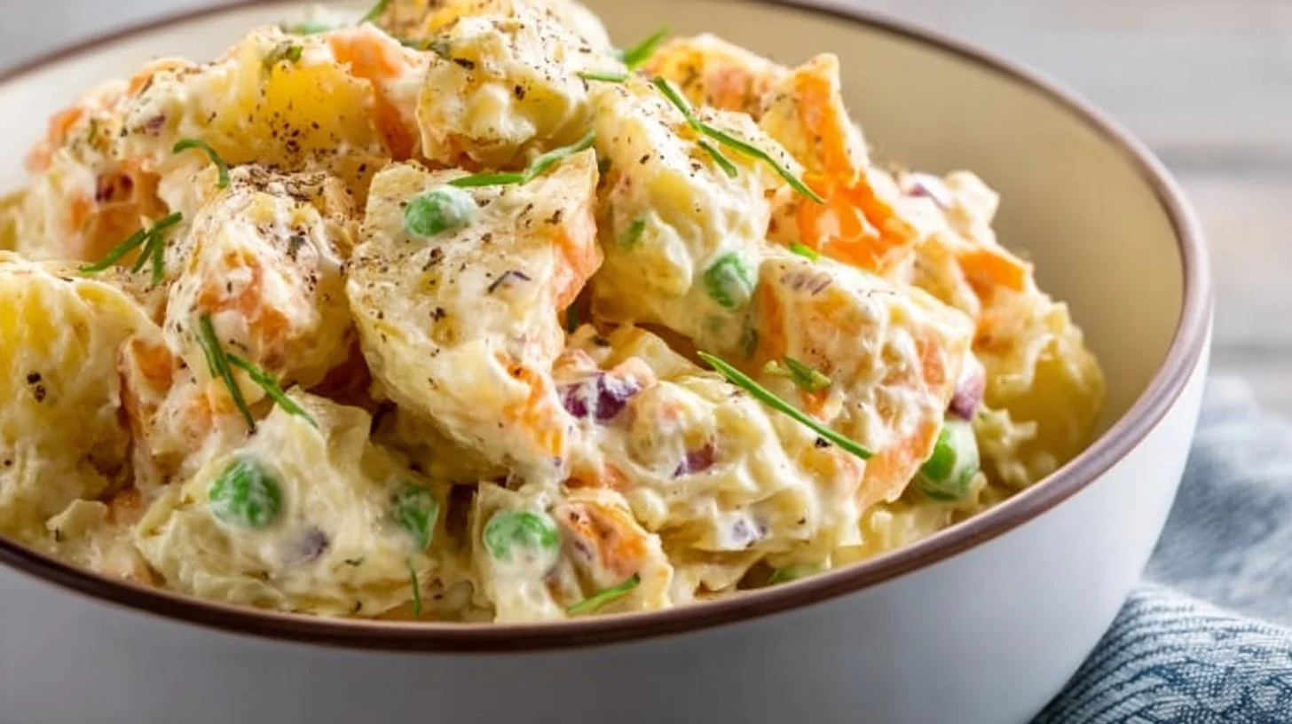 Creamy potato macaroni salad with pineapple in a serving bowl