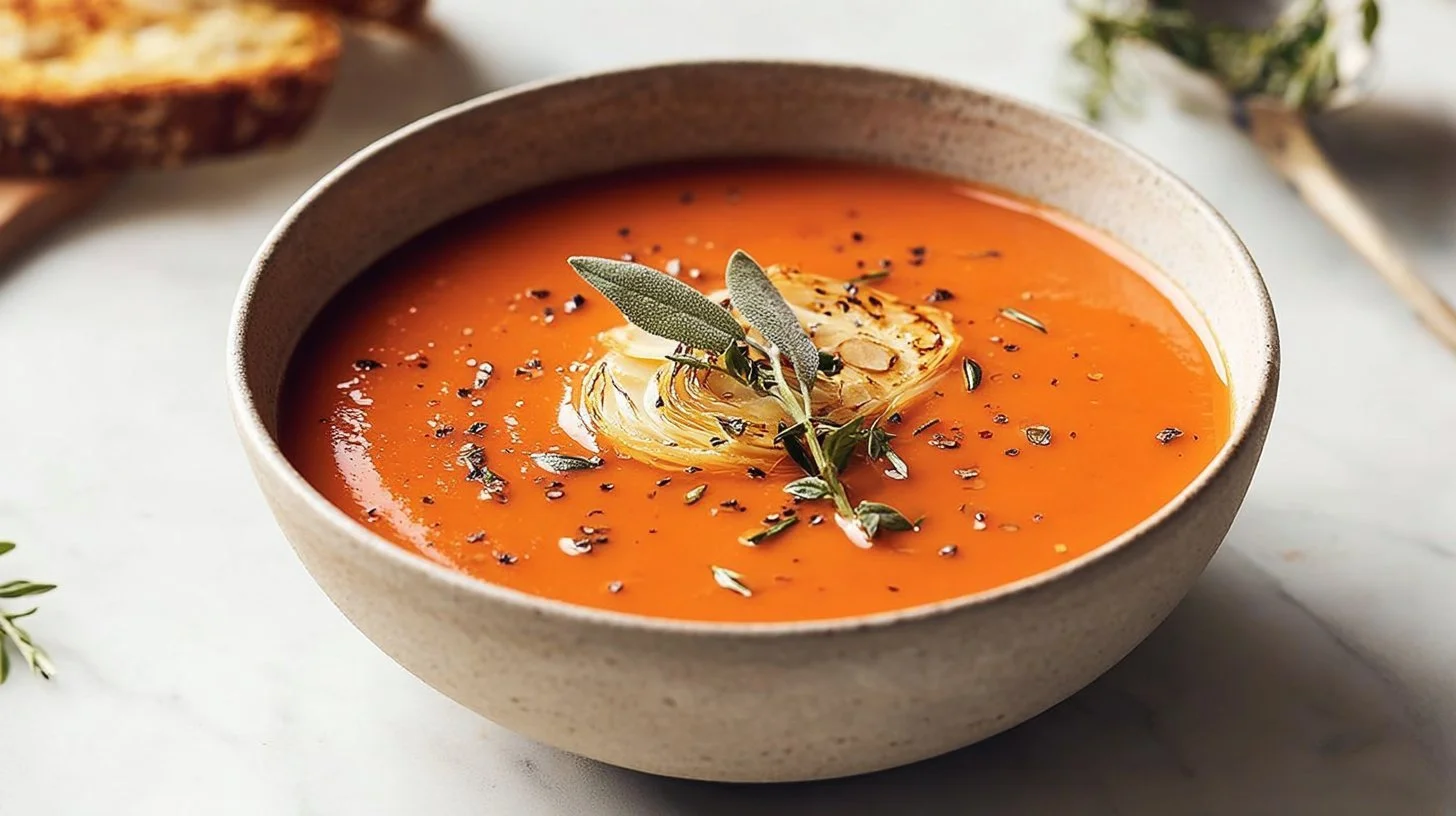 Bowl of creamy roasted red pepper soup garnished with fresh herbs.