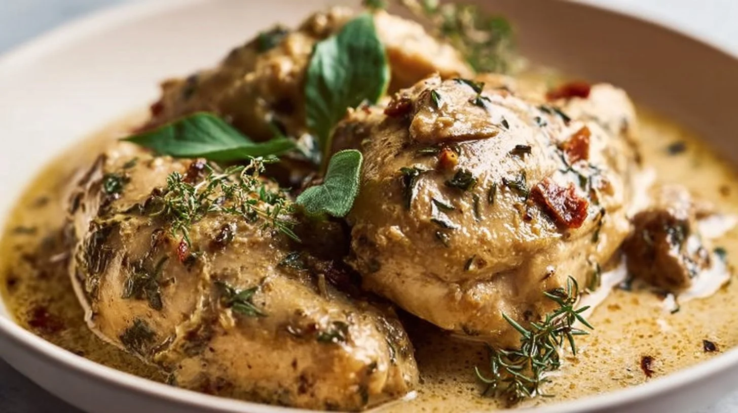Creamy slow cooker chicken served in a bowl with herbs and spices