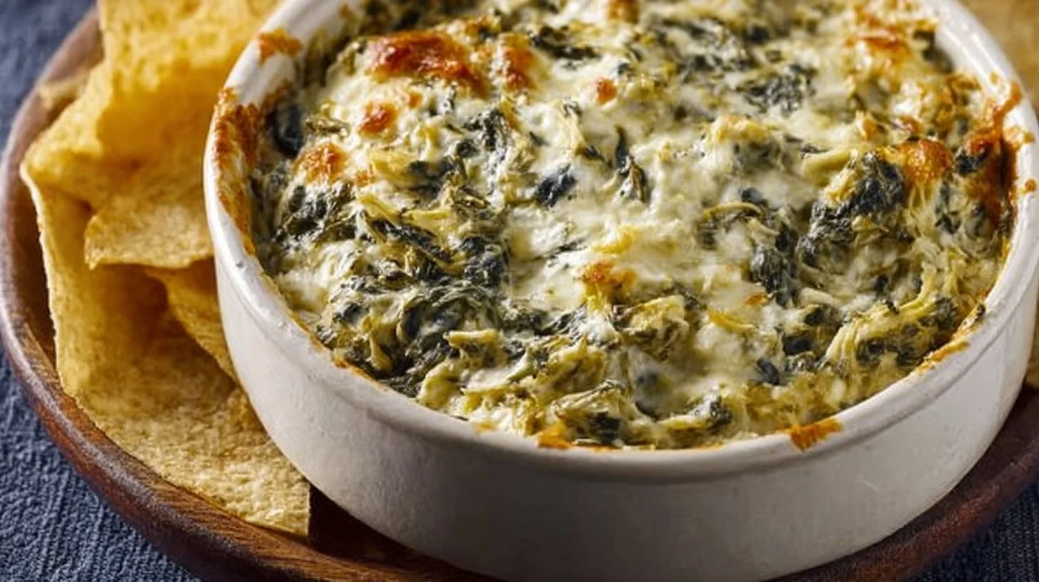 Delicious creamy spinach artichoke dip served with tortilla chips