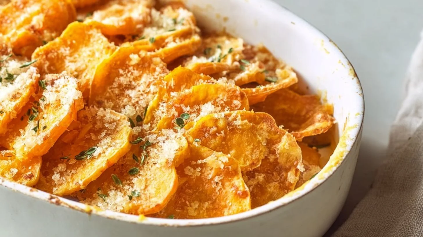 Creamy sweet potato bake served as a delicious scalloped side dish