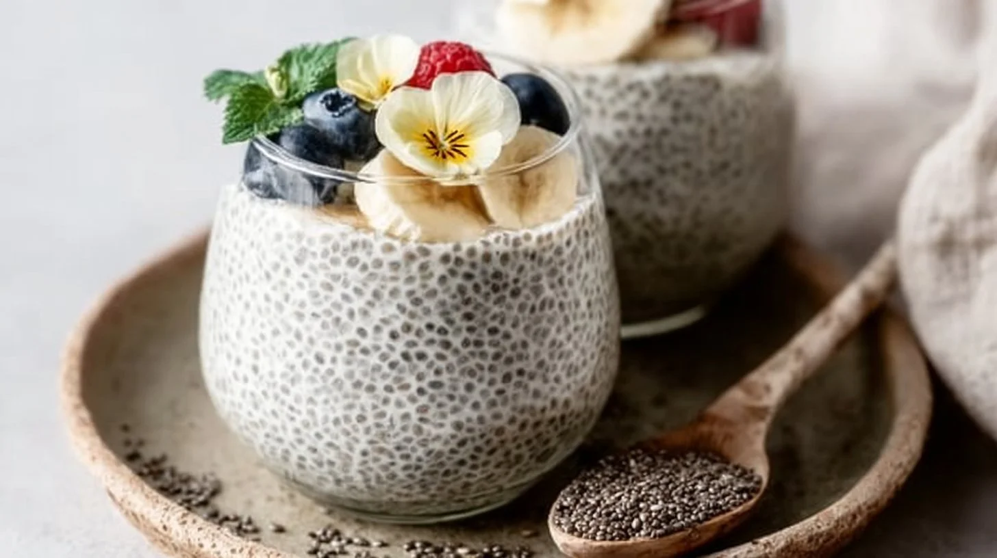 Creamy vanilla chia seed pudding in a glass topped with fresh fruit.