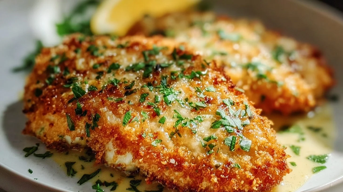 Plate of crispy cheesy chicken garnished with herbs and served with sides