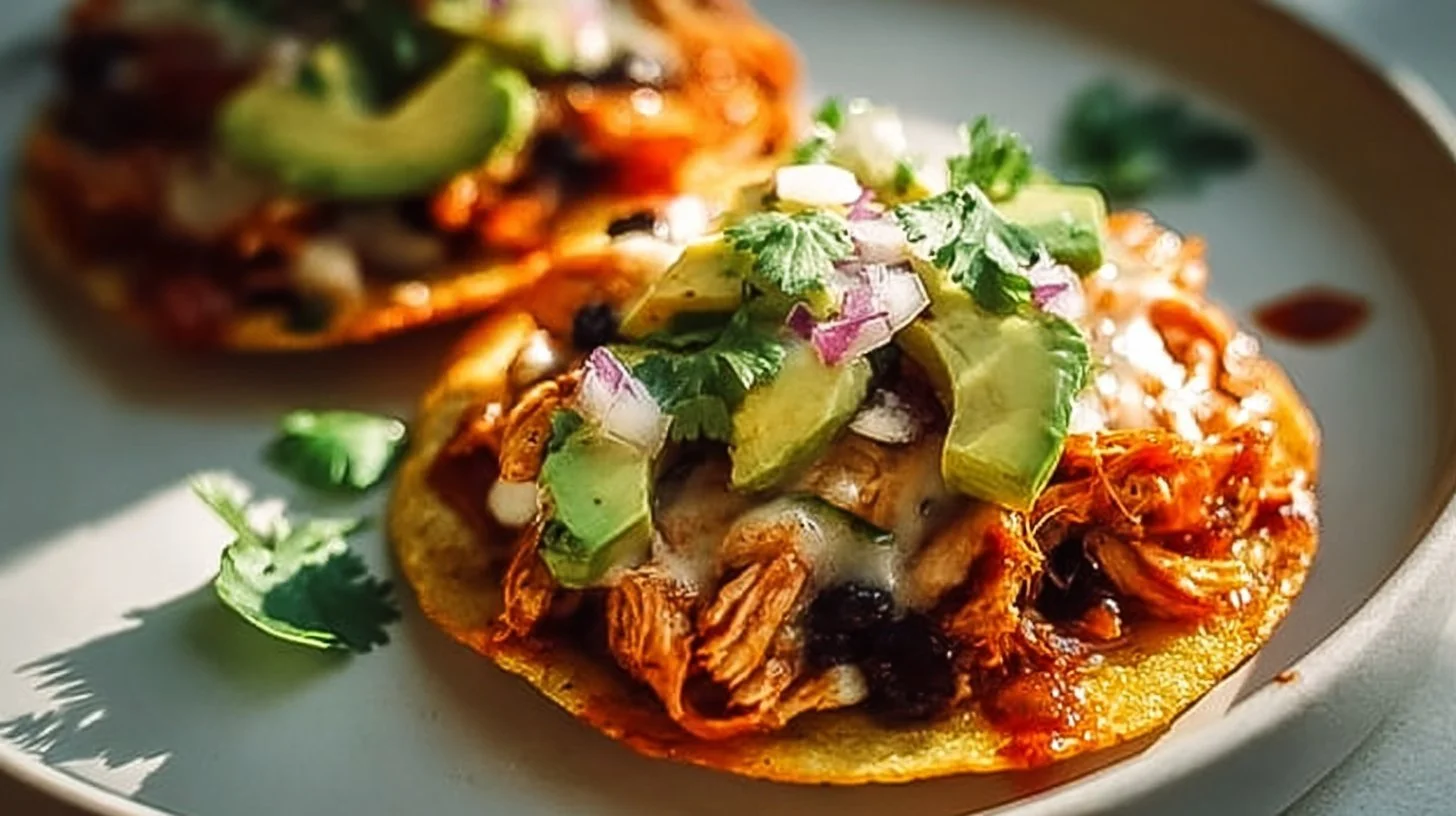 Crispy rotisserie chicken tostadas topped with fresh ingredients
