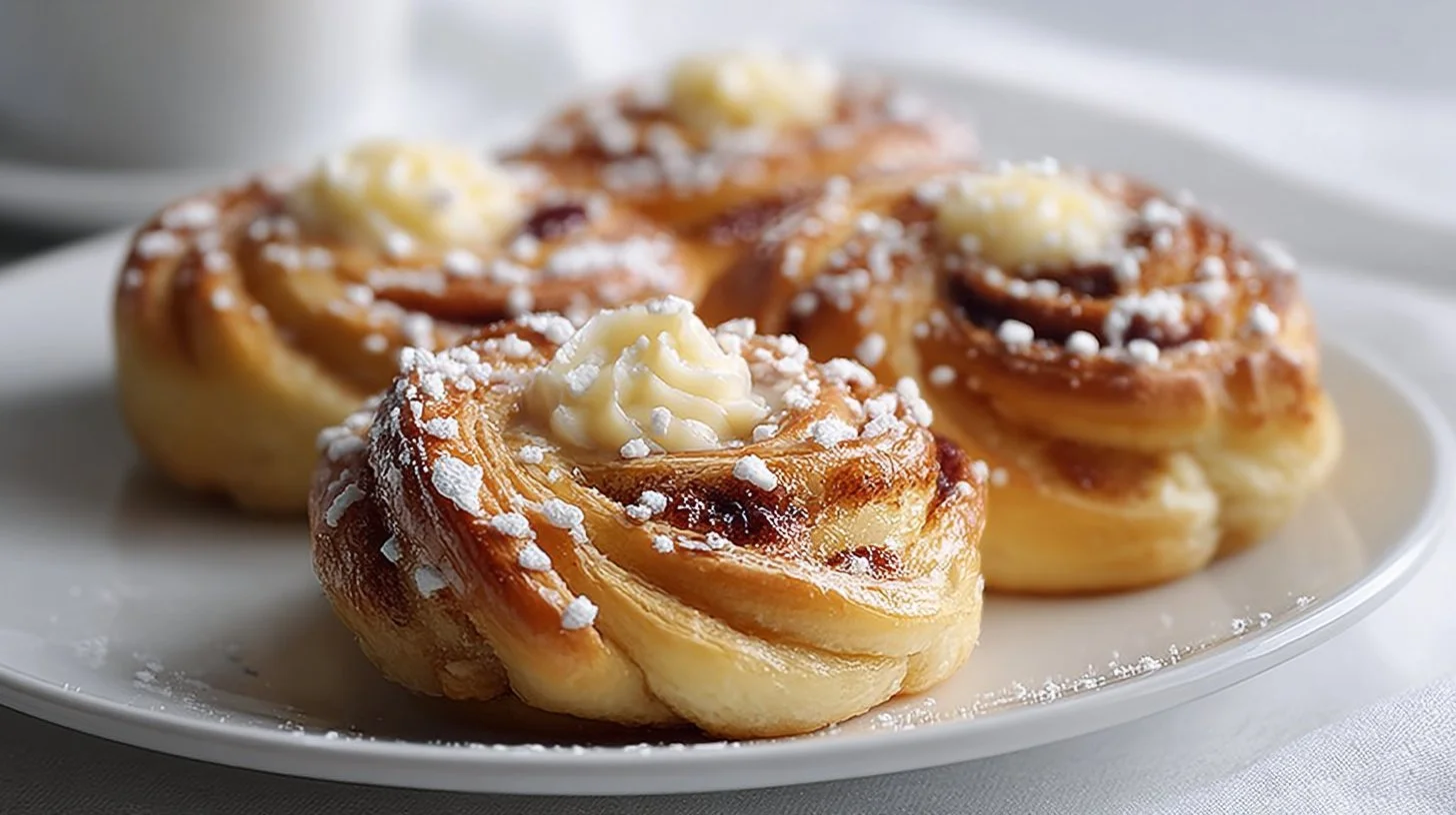 Danish Carnival Buns with vanilla cheesecake filling on a festive table