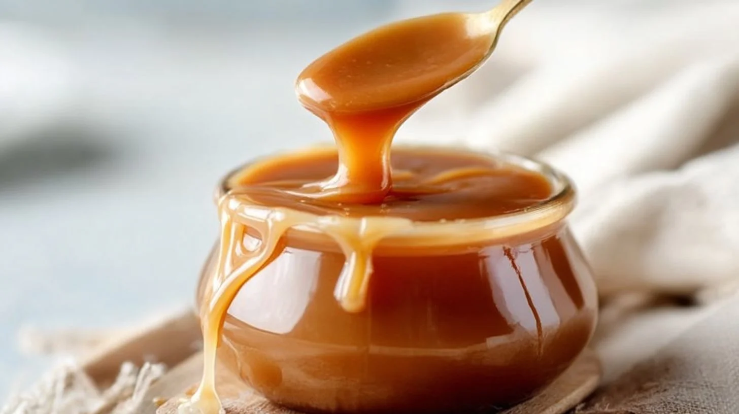 Homemade salted caramel sauce in a glass jar, drizzled on dessert