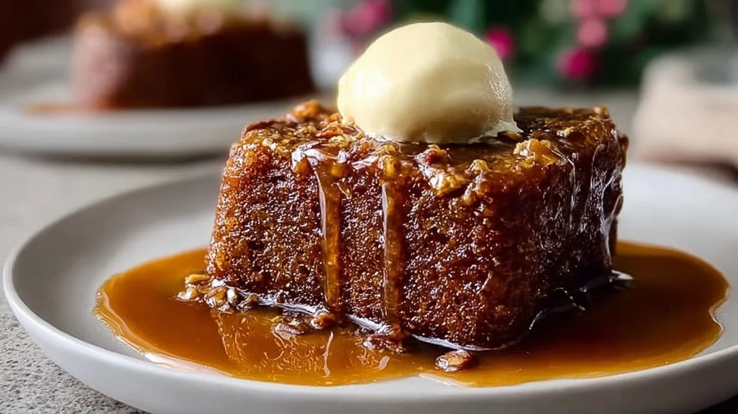 Decadent sticky toffee pudding served with sauce and whipped cream.