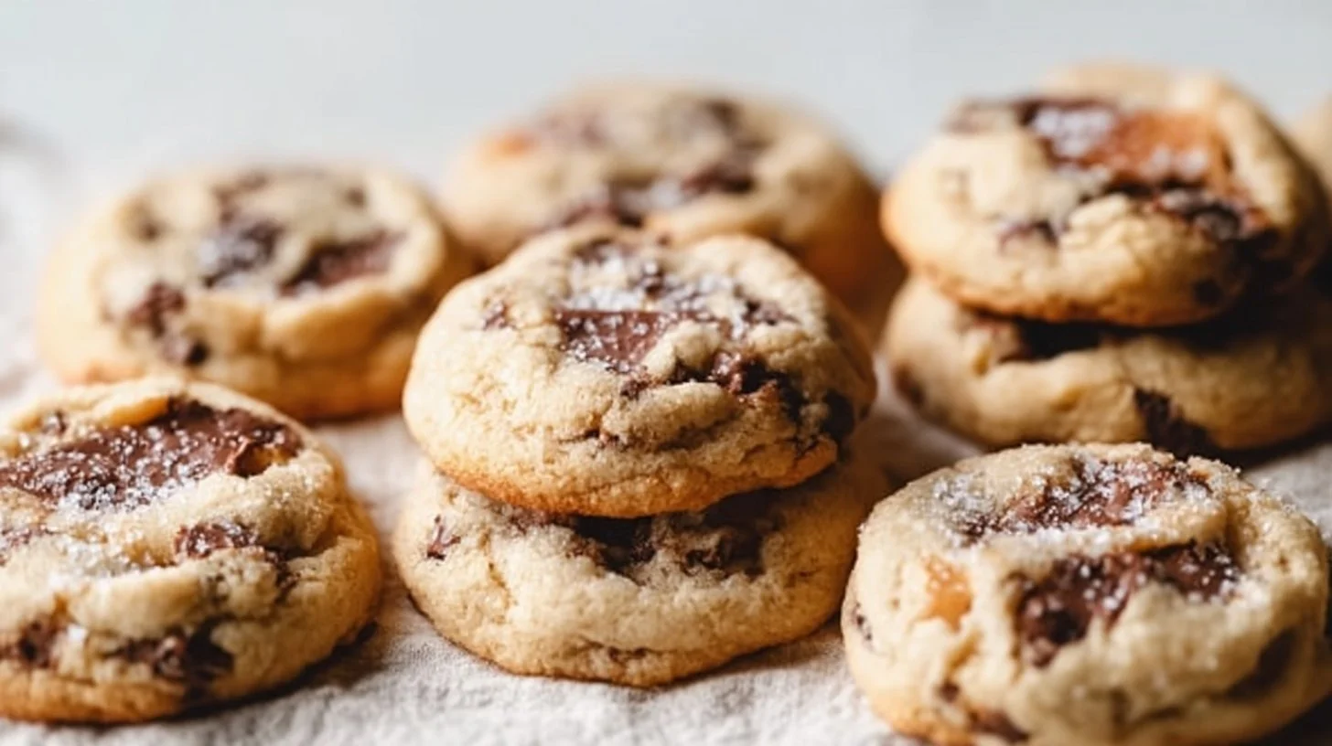 Delicious stuffed chocolate chip cookies on a plate with chocolate drizzles