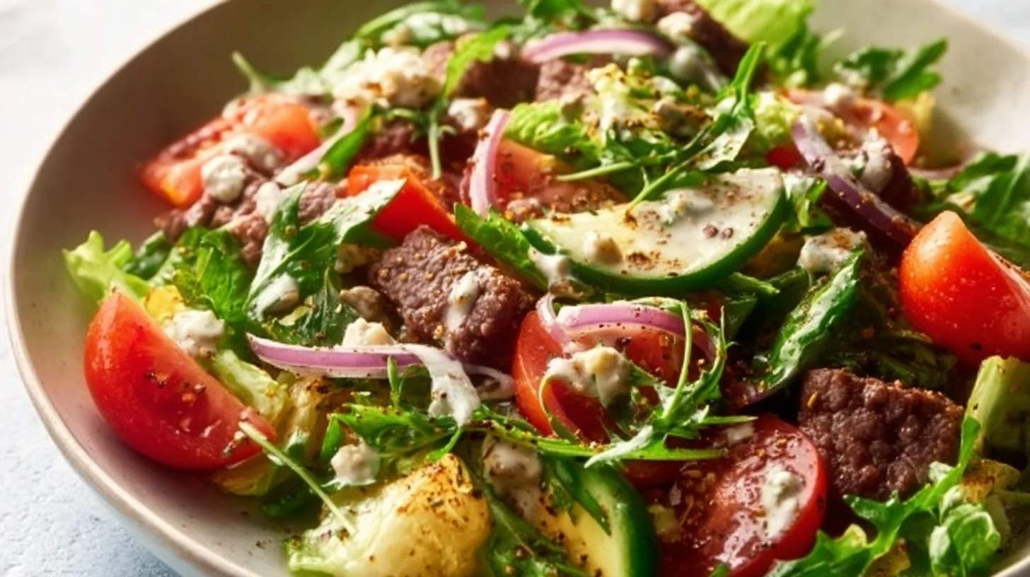 Big Mac Salad featuring ground beef, lettuce, cheese, pickles, and burger sauce
