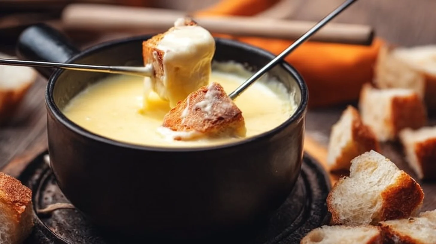 A bowl of delicious cheese fondue served with bread for dipping.