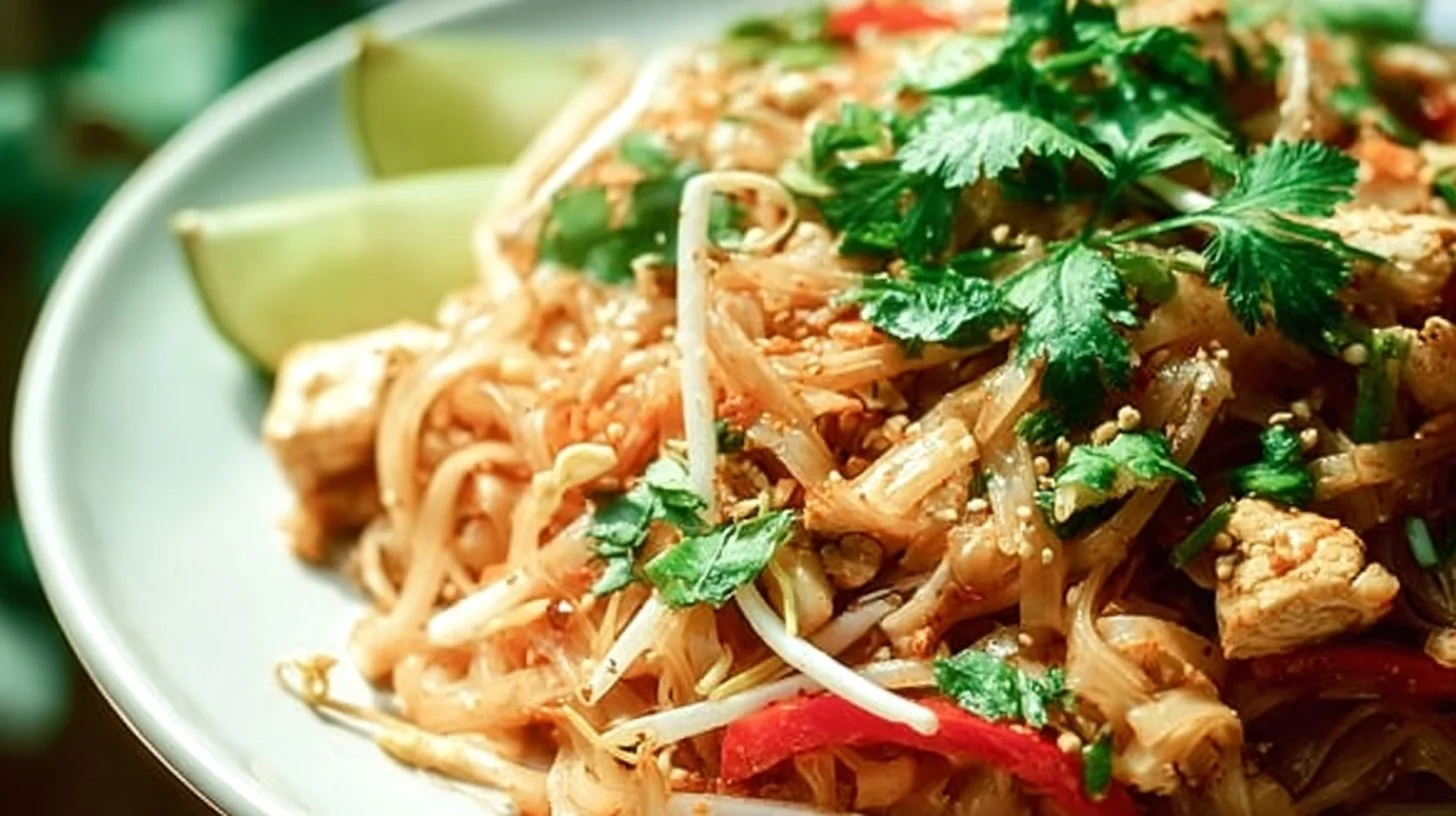 Delicious Chicken Pad Thai stir-fry dish with fresh ingredients