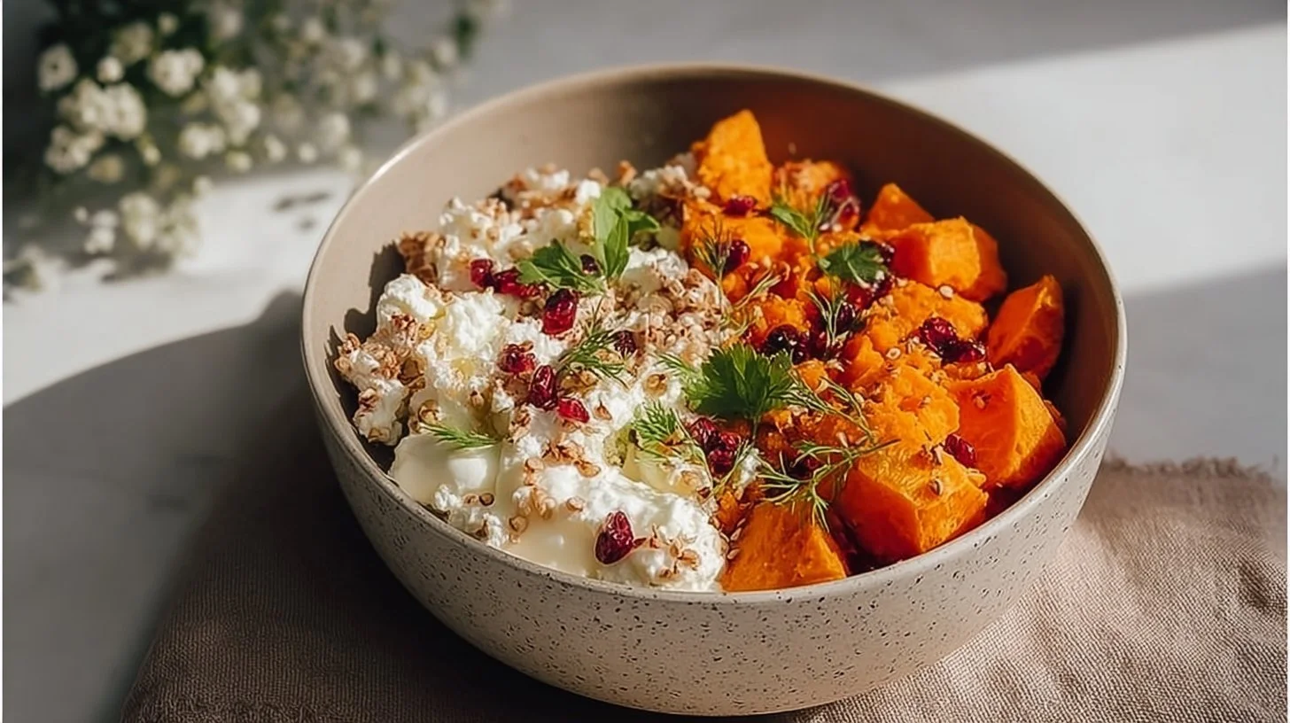 Delicious cottage cheese sweet potato bowl for a healthy meal