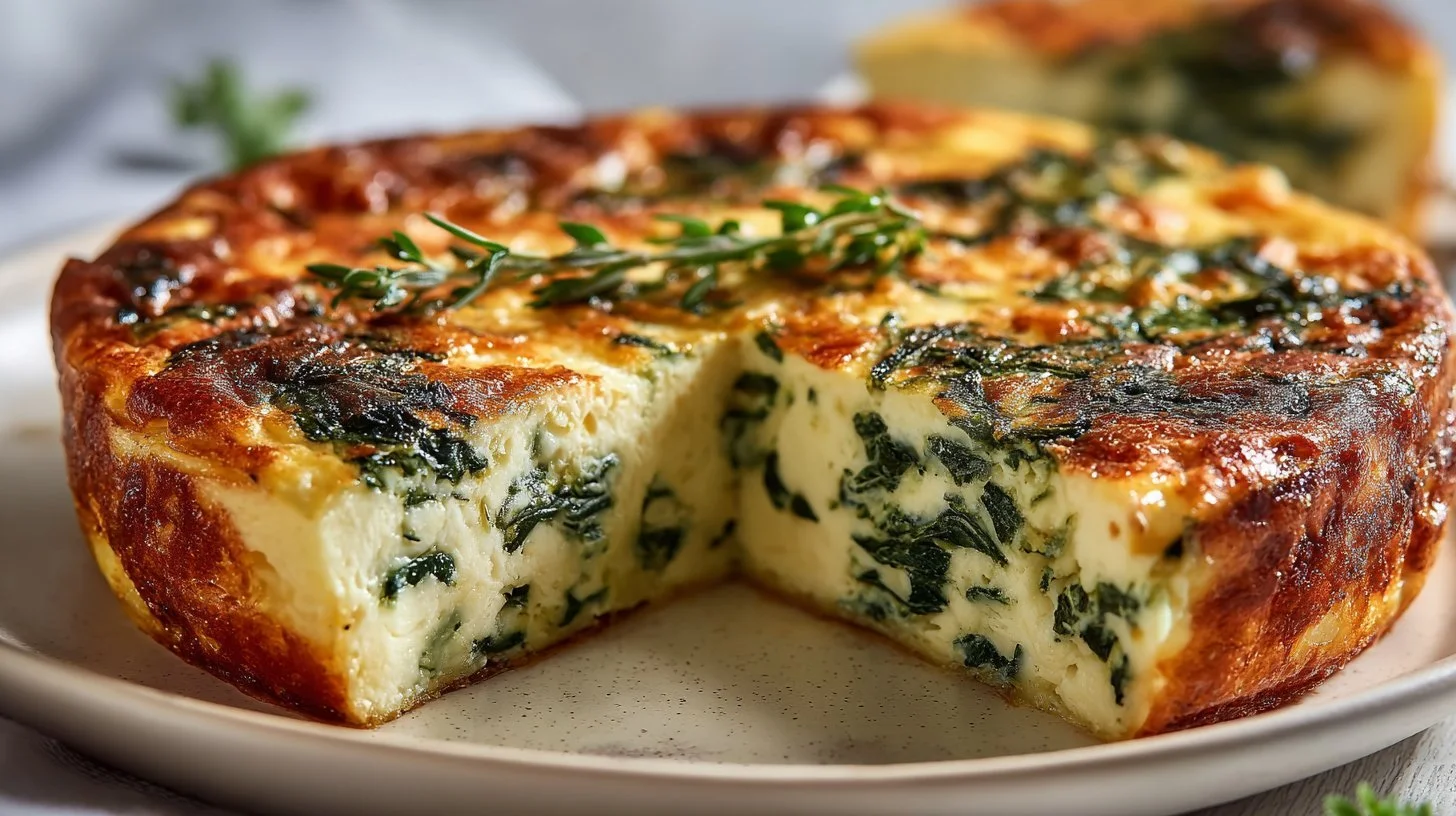 Crustless spinach quiche served on a plate, ideal for breakfast or brunch.