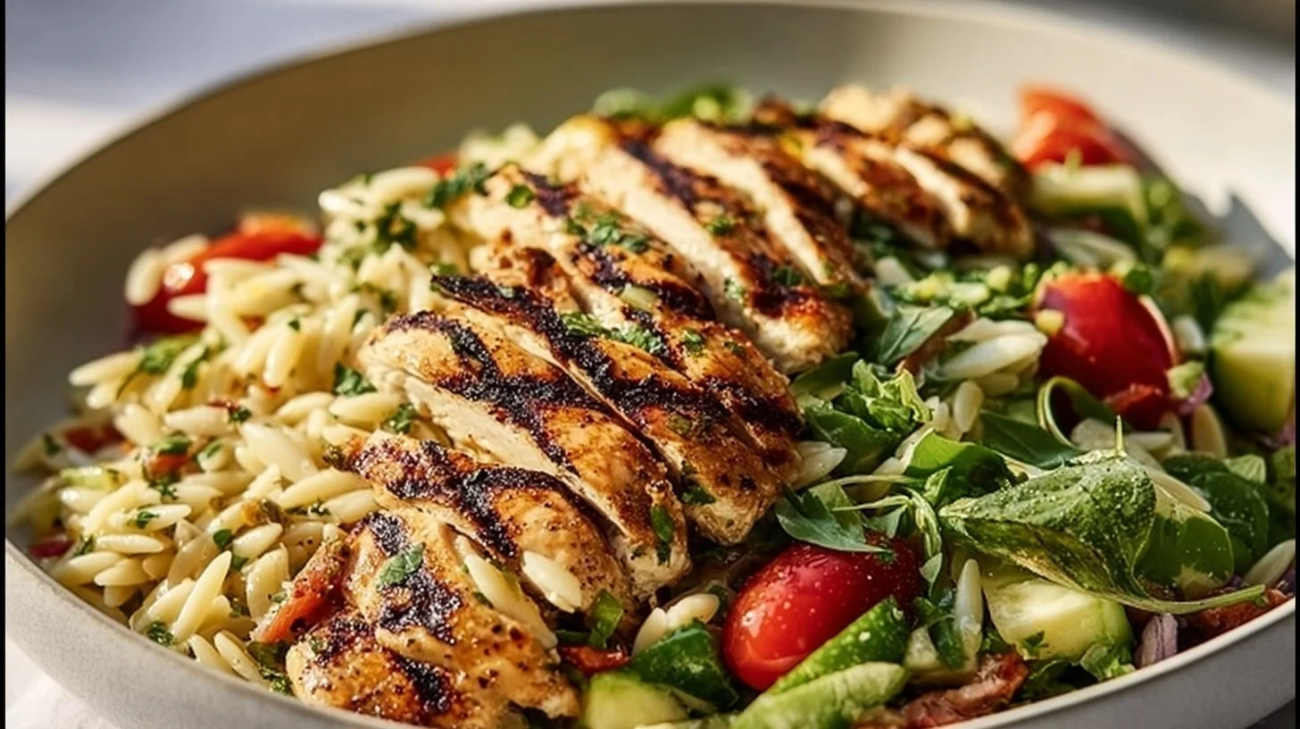 Delicious grilled chicken orzo salad with fresh vegetables and herbs