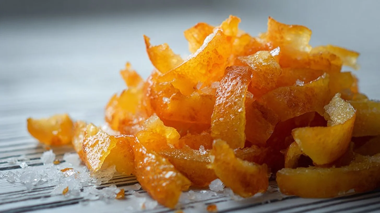 Homemade candied orange peel in a glass jar
