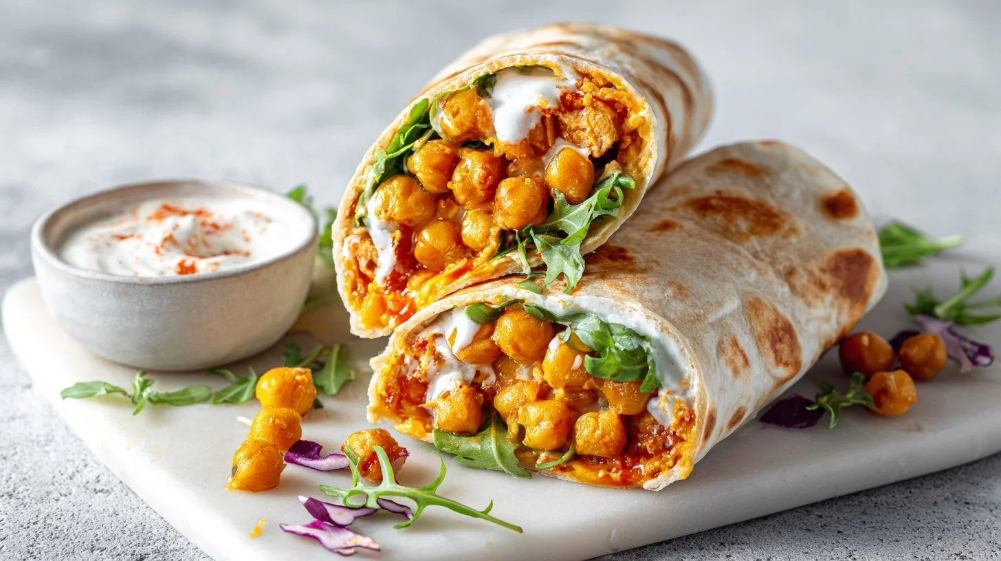 Delicious spicy buffalo chickpea wraps served on a plate.