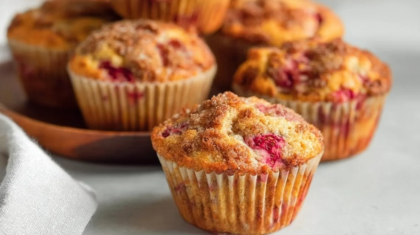 Freshly baked strawberry rhubarb muffins with a golden crust and fruity topping