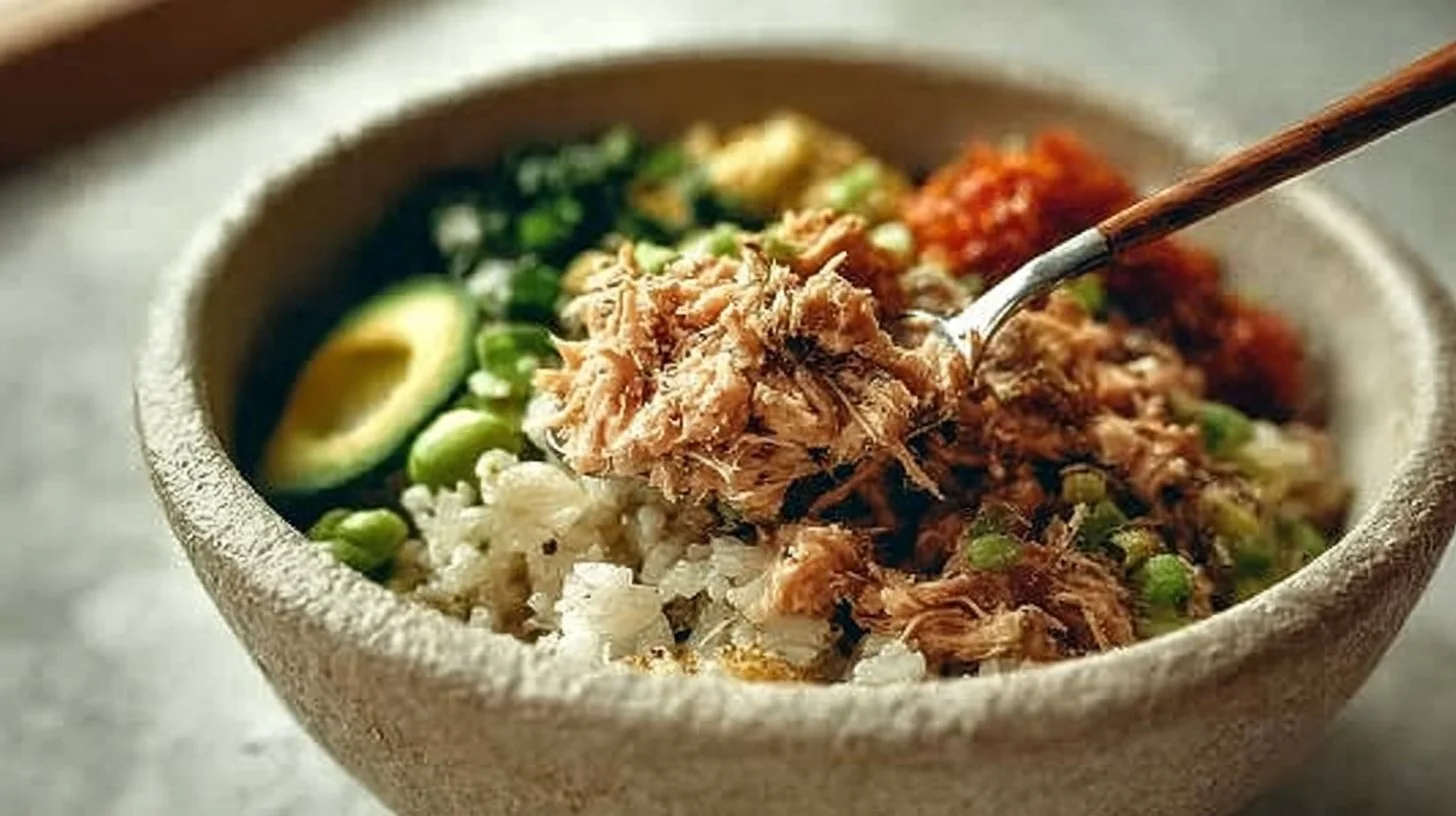 Healthy tuna avocado rice bowl garnished with fresh vegetables