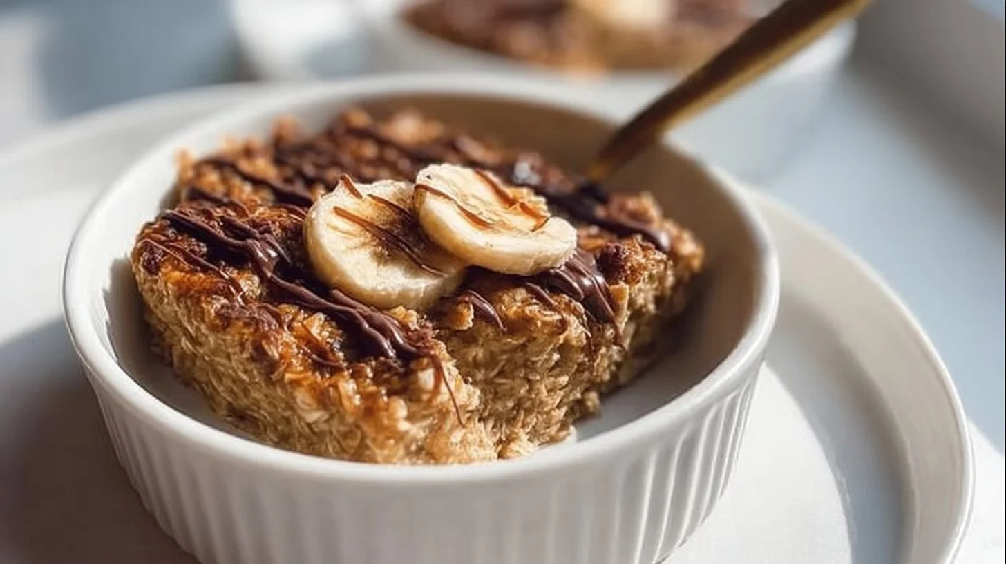 Bowl of easy baked oats topped with fruits and nuts.